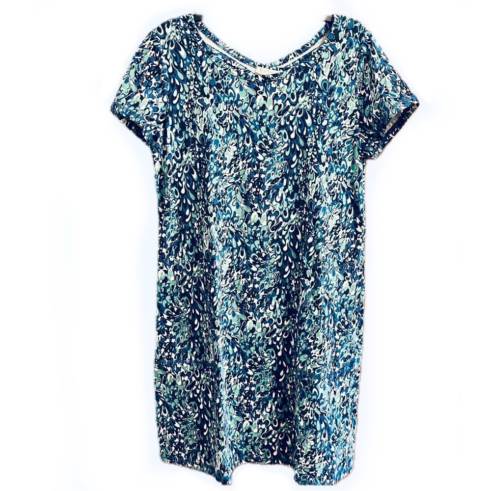 Talbots Blue & Green Shift Cotton Dress, keyhole in back, pockets size Med NWOT